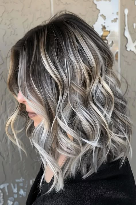 Short Hairstyle Women Blonde Highlights, Icy Blonde Highlights On Brown Hair, Frosted Highlights, Brown Hair Going Grey, Platinum Silver Hair, Brown Hair With Silver Highlights, Natural Dark Hair, Silver Hair Highlights, Gray Blending