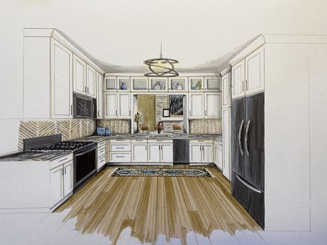 Kitchen Ideas Sketch, Kitchen 1 Point Perspective, Kitchen Perspective Drawing, Kitchen Perspective, Hand Rendering, Interior Design Portfolio Layout, Interior Design Sketchbook, Learn Interior Design, Interior Design Renderings