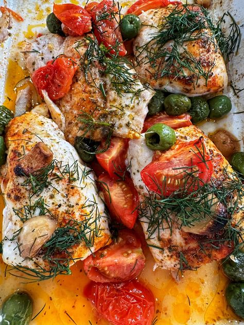 Oven Baked Mediterranean-Style Grouper - The Mad Table Grouper Fish Recipes, Baked Grouper, Spinach Tortilla Wraps, Grilled Grouper, Grouper Recipes, Grouper Fillet, Grouper Fish, Baked Fish Fillet, Heirloom Tomato Salad