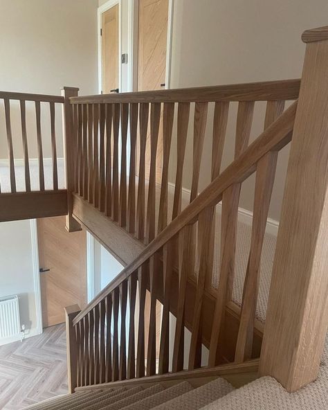 Oak staircase balustrade featuring square twist spindles Spiral Staircase Loft, Staircase Loft, Modular Staircase, Stairs Cladding, Staircase Manufacturers, Oak Spindles, Staircase Kits, Rustic Staircase, Bespoke Staircases