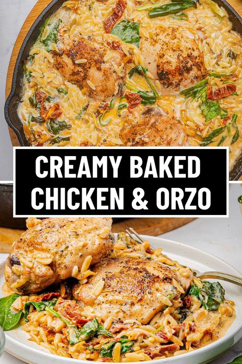 Looking for easy chicken orzo recipes? This creamy baked chicken and orzo is the ultimate one pot meal! Featuring juicy Italian seasoned chicken thighs, orzo pasta, sun-dried tomatoes, and artichokes, this flavorful dish comes together in 30 minutes. Perfect for a busy weeknight or a comforting family dinner! Try this simple, delicious recipe tonight! Crock Pot Chicken And Orzo, Chicken Thigh Orzo Skillet, Chicken Thigh Sun Dried Tomatoes Recipes, Creamy Ricotta Chicken And Orzo Skillet, Chicken Spinach Tomato Orzo, One Pan Tuscan Orzo With Chicken, Orzo Pasta Recipes Chicken, Orzo One Pot Meals, Ww Orzo Recipes