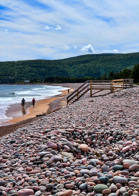 Ingonish Beach, Nova Scotia - Ingonish Beach in the Cape Breton Highlands is covered with the most beautiful round pink stones. East Coast Canada, Nova Scotia Travel, Cape Breton Nova Scotia, Canada Trip, Cape Breton Island, East Coast Travel, East Coast Road Trip, Canadian Travel, Atlantic Canada