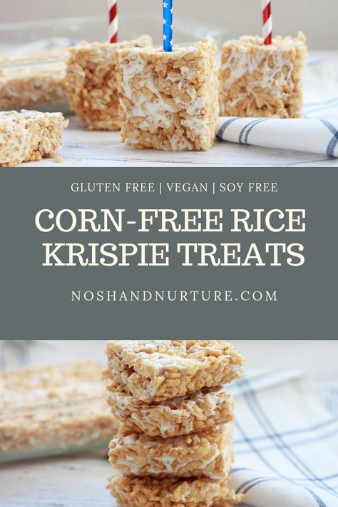 Using a corn-free, tapioca based marshmallow, these Rice Krispie Treats are extremely allergen friendly. Dairy Free Rice Krispie Treats, Corn Free Diet, Homemade Rice Krispies, Corn Free Recipes, Crunchy Rice, Homemade Rice Krispies Treats, Rice Crispy Treats Recipe, Allergen Free Recipes, Soy Free Recipes