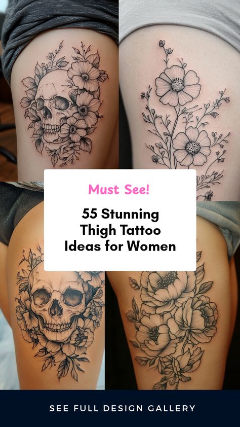 Explore a vibrant selection of 55 thigh tattoo ideas. This pin features four captivating images displaying unique designs that blend creativity and self-expression perfectly for women looking to showcase remarkable body art. Thigh Tattoo Ideas, Mystical Symbols, Thigh Tattoos, Tattoo Ideas For Women, Thigh Tattoo, Floral Motifs, Intricate Designs, Geometric Patterns, Floral Motif