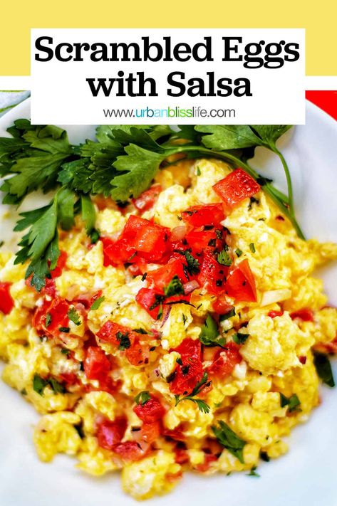 These Salsa Eggs are fast, easy, and full of flavor! Perfect for a fast breakfast, lunch, snack, or even for dinner. Get this recipe and other easy, family-friendly recipes at UrbanBlissLife.com Eggs With Salsa, Salsa Eggs, Healthy Delicious Breakfast, Breakfast Eggs Scrambled, Keto Egg Recipe, Scrambled Eggs With Cheese, Fast Breakfast, Cheese Alternatives, Favorite Breakfast Recipes