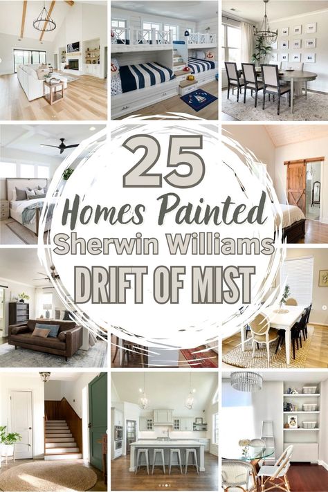 Sherwin Williams Drift of Mist Color Study! Learn all about this neutral paint shade + see pictures of it used in 25 real homes! Learn undertones, coordinating colors & more! #sherwinwilliams #sherwinwilliamsdriftofmist #driftofmist #driftofmistcolorscheme #driftofmistcabinets #driftofmistsherwinwilliamswalls #driftofmistpaint Sherwin Williams Drift Of Mist Coordinating Colors, Mantra Sherwin Williams, Drift Of Mist Sherwin Williams Living Room, Sw 9166 Drift Of Mist, Drift Of Mist Paint Color, Sw Krypton Coordinating Colors, Drift Of Mist Interior Doors, Drift Of Mist Living Room, Sherwin Williams Fog Mist