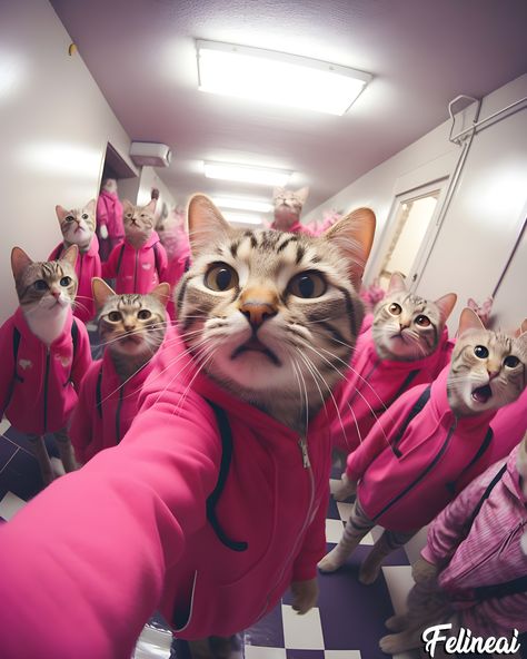 This photo is an ai generated funny cats art photo of cats huddled up in pink hoodies grabbing camera that can be used as a cat wallpaper or cat pfp cat art Pfp Cat, Group Of Cats, Pink Hoodies, Funny Cat Faces, Pink Kitty, Funny Cat Photos, Cat Faces, Cat Pfp, Cat Photos