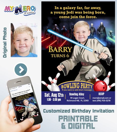 Star Wars Bowling Party Invitation. Star Wars Bowling Party Ideas. Jedi Birthday Invitation. Star Wars Bowling Birthday. #StarWarsBowlingParty #StarWarsBowlingBirthday #myheroathome Bowling Party Ideas, Darth Vader Party, Bowling Party Invitations, Star Wars Theme Party, Bowling Birthday, Star Wars Birthday Party, Bowling Party, May The 4th, May The 4th Be With You