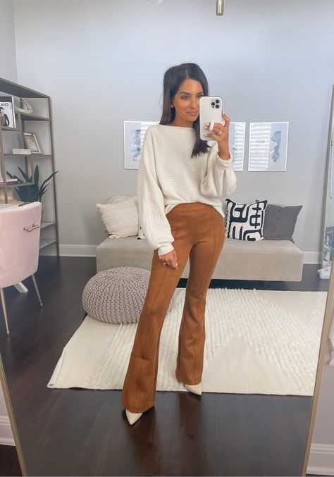 Flare Suede Pants Outfit, Golden Brown Pants Outfit, Copper Jeans Outfit, Pixie Flare Pants Outfit, Flare Pants Teacher Outfit, Flair Pants Outfit Classy, Khaki Brown Pants Outfit, Brown Flare Leather Pants Outfit, Burnt Orange Flare Pants Outfit