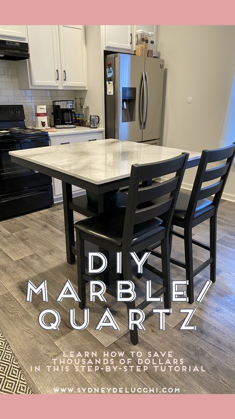 Repurpose an old table or refinish your countertops with this DIY marble tutorial. DIY quartz to save thousands of dollars on a marble kitchen island. Complete youtube tutorial on how to DIY faux stone counters included. #homedecor #homeDIY #DIY #fauxmarble Dinning Table Diy, Kitchen Table Marble, Bar Height Kitchen Table, Marble Tutorial, Diy Faux Marble, Diy Marble Table, Marble Floor Kitchen, Marble Kitchen Island, Diy Kitchen Table