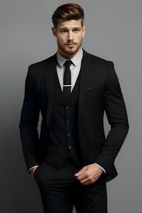 Men Black Three Piece Tuxedo Suit For Groomsman Black 3 Piece Suit Men, Suit For Groomsmen, Three Piece Tuxedo, Three Piece Suit Mens, Black Three Piece Suit, 3 Piece Suit Men, Three Piece Suits, Suits Tuxedo, Suit For Men Wedding