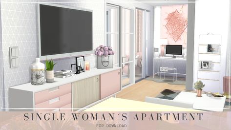 Sims 4 Pink Apartment, The Sims 4 Apartment Cc, Sims 4 Girly House, Sims 4 Girly Apartment, Sims 4 Apartment Download, Single Girl Apartment, Cc Sims 4 Free, Builds Sims 4, Living Room Sims 4