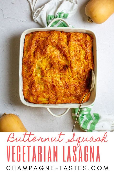 This vegetarian butternut squash lasagna is made with a roasted squash béchamel sauce, kale, ricotta, and mozzarella for a decadent fall meal. Lasagna Vegetarian, Butternut Squash Sauce, Béchamel Sauce, Squash Lasagna, Butternut Squash Lasagna, Fall Meal, Cut Butternut Squash, Beer Cheese Soups, Night Recipes