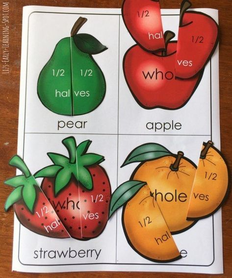 Practice halves and quarters with this free fruit fractions activity! Whole And Parts Activities, Parts And Wholes Activities, Whole Half Quarter Activity, Whole And Half Activities, Half And Whole Activities Preschool, Part And Whole Activities Preschool, Fractions For Kindergarten, Teaching Halves, Fractions Kindergarten