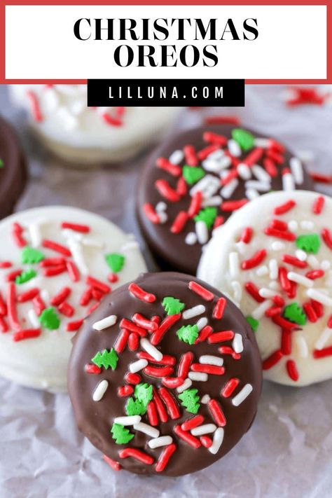 Classic Christmas Oreos dipped in milk or white chocolate and topped with festive sprinkles make for a decadent treat! #christmasoreos #christmas #oreos #chocolate #whitechocolate #treat Dipped Oreos Christmas, Christmas Oreos, Decorated Oreos, Peppermint Oreos, Cake Pucks, White Chocolate Oreos, Christmas Dip, Oreo Treats, Pretzel Toffee