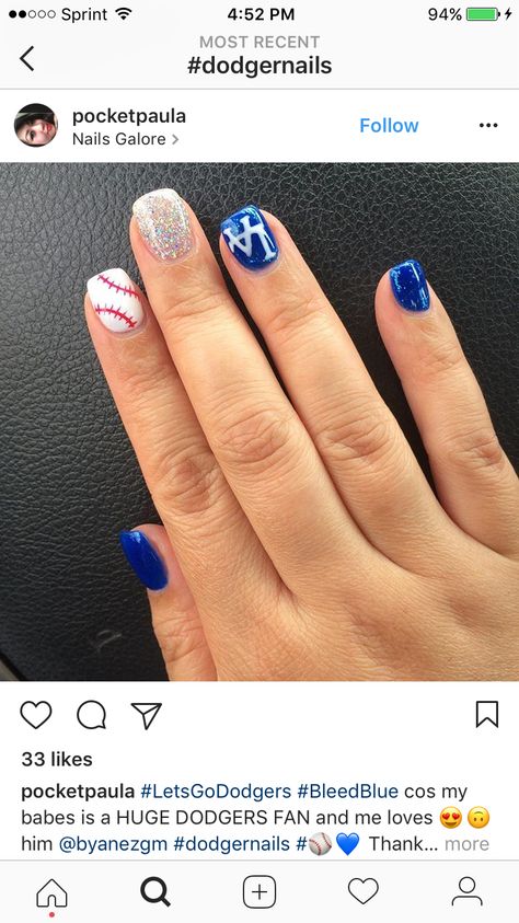 Dodger Makeup Ideas, La Dodgers Nails, Dodger Blue Nails Acrylic, Dodgers Nails Designs, Dodger Nails Designs, Blue Baseball Nails, Dodgers Nails, Red And Blue Baseball Nails, Dodger Nails