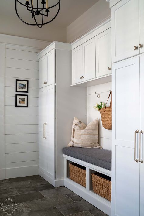 Colonel Hazzard - Kelly Caron Designs White Mudroom, Mudroom Cabinetry, Traditional Laundry Room, House Laundry Room, Blue Laundry Rooms, Mudroom Cabinets, Mudroom Flooring, Mudroom Storage Bench, Rustic Wooden Bench