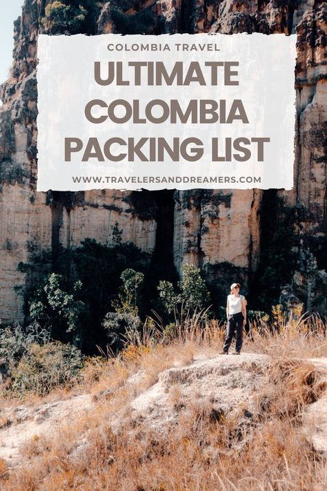 In this photo, you can see a woman standing on a mountain in Colombia wearing hiking clothes. The text says: Ultimate Colombia Packing List. Colombia Travel Guide, America Outfit, Colombia Travel, Packing List For Travel, South America Travel, Packing Tips For Travel, What To Pack, Travel Packing, America Travel