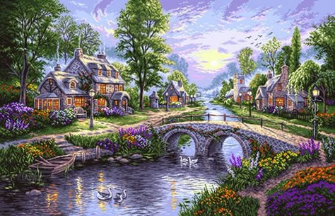 Thomas Kinkade Cross Stitch Patterns, Thomas Kinkade Art, Cross Stitch Gallery, Cross Stitch Numbers, Cross Stitch House, Cross Stitch Landscape, Purple Garden, Cross Stitch Bird, Thomas Kinkade