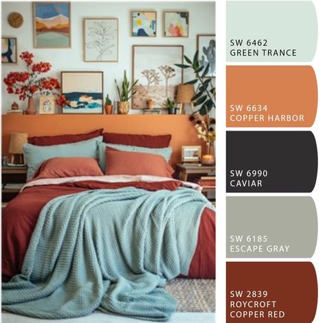 Orange And Aqua Bedroom, Terracotta Cream Bedroom, Blue And Orange Boho Bedroom, Terracotta Blue Bedroom, Blue And Orange Room Bedroom, Primary Bedroom Color Palettes, Teal And Terracotta Bedroom, Terracotta And Navy Bedroom, Orange And Blue Aesthetic Bedroom