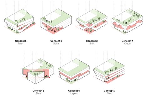 Danish firm 3XN has revealed its design for a 153-metre-high apartment building in Toronto, including a dual-level glazed plaza to host public events for the local area. Podium Architecture, Podium Design, Urban Concept, Presentation Boards, Hotel Concept, Architecture Concept Diagram, Building Concept, Architecture Collage, Concept Diagram