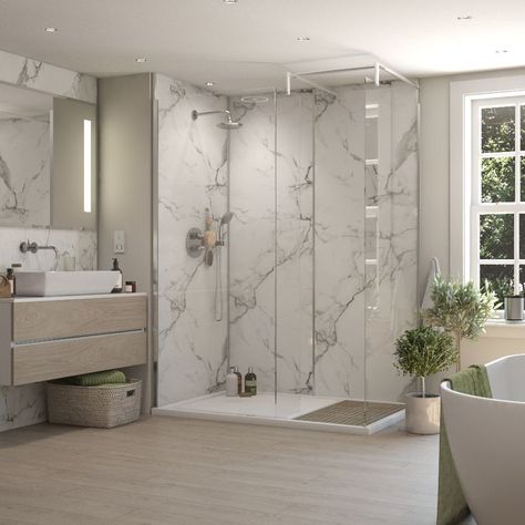 Plywood Wall Paneling, Waterproof Wall Panels, Easy Bathrooms, Bathroom Shower Panels, Showroom Inspiration, White Marble Bathrooms, Plywood Walls, Bathroom Wall Panels, Shower Wall Panels