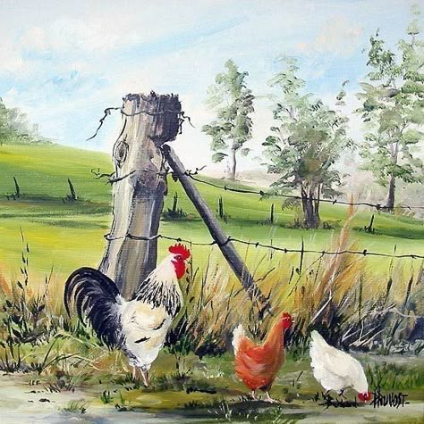 Farm Scene Painting, Farm Animal Paintings, Rooster Painting, Farm Paintings, Chicken Painting, Rooster Art, Barn Painting, Watercolor Paintings For Beginners, Wood Painting Art