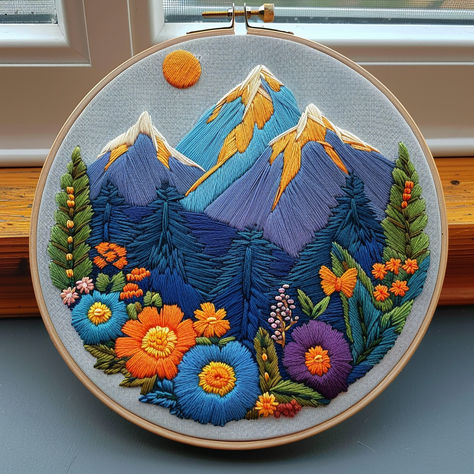 🌸 Capture the beauty of nature with this Mountain and Floral Hand Embroidery Pattern! Perfect for nature lovers and embroidery enthusiasts, this design features majestic mountains framed by vibrant flowers. Ideal for creating stunning hoop art, this pattern is beginner-friendly and instantly downloadable. Let’s stitch and bring this picturesque scene to life! 🪡 #HandEmbroidery #NatureLovers #EmbroideryPattern #HoopArt #DIYCrafts Mountain Range Embroidery, Chair Embroidery, Pdf Pattern Embroidery, Landscape Embroidery, Art Pdf, Pattern Landscape, Art Night, Embroidery Floral, Fabric Yarn