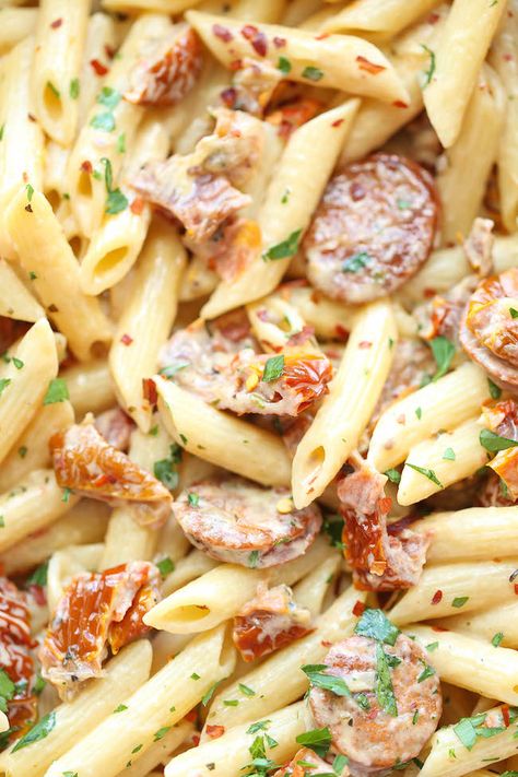 Pasta with Sun-Dried Tomato Cream Sauce - Damn Delicious Tomato Cream Sauce Pasta, Elegant Dishes, Sundried Tomato Pasta, Sun Dried Tomato Sauce, Cream Sauce Pasta, Tomato Cream Sauce, Pasta With Sausage, Pasta Meals, Polish Sausage