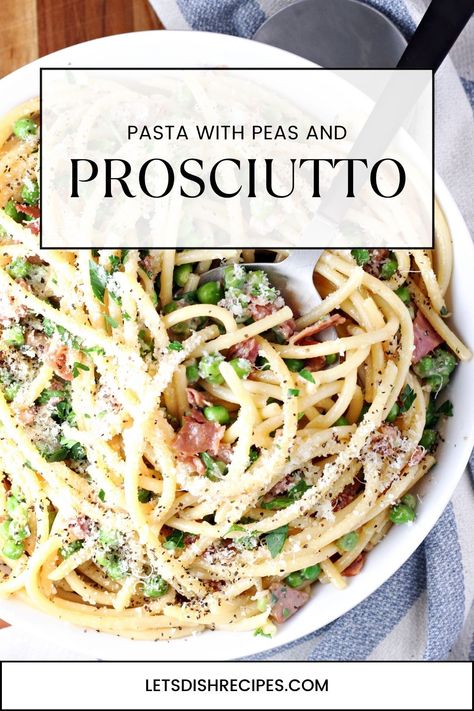 Pasta with Peas and Prosciutto Recipe -- This easy but delicious pasta dish, with just a few simple ingredients, is always a hit, even with picky eaters. It's sure to become a family favorite! #pasta Peas And Prosciutto Pasta, Pasta With Peas And Prosciutto, Pea And Ham Pasta, Pasta And Prosciutto Recipes, Pasta With Peas And Ham, Pasta And Peas Italian, Prosciutto Pasta Recipes, Pasta With Ham And Peas, Pasta With Pancetta And Peas