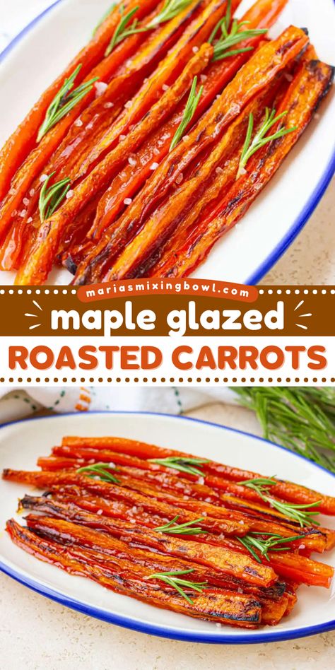 Your Thanksgiving dinner menu must have this baked carrot recipe! You'll want them as an easy Christmas side dish, too. Not only are these Maple Glazed Roasted Carrots crispy with a hint of sweetness, but they are also healthy! Roasted Whole Carrots Recipe, Sweet Baked Carrots, Thanksgiving Glazed Carrots, Fancy Carrots Recipe, Maple Glazed Roasted Carrots, Thanksgiving Recipes Carrots, Sweet Carrot Recipe, Thanksgiving Carrot Recipes, Thanksgiving Carrot Recipe