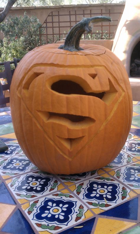 Aaron's Superman Pumpkin Superman Pumpkin Carving, Superman Pumpkin, Lego Superman, Pumpkin Carving Template, Pumpkin Carving Kits, 7 Year Anniversary, 90s Fashion Outfits Hip Hop Party, Scary Pumpkin Carving, Halloween Pumpkin Designs