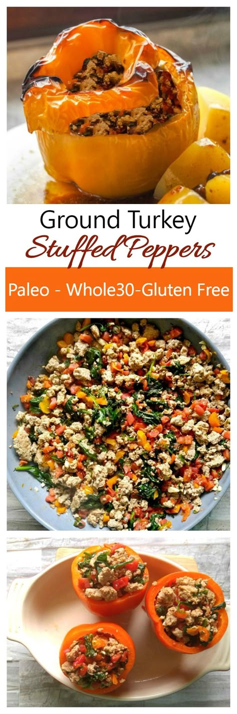 These ground turkey stuffed peppers are Paleo, Whole30, and Gluten Free. They are easy to make and super tasty. Paleo Recipes Lunch, Turkey Stuffed Peppers, Ground Turkey Stuffed Peppers, Paleo Pasta, Turkey Ground, Stuffed Peppers Turkey, Paleo Dinners, Easy Fitness, Paleo Meals