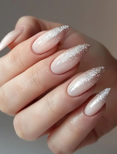 Glitter Shading Nails, Glitter Tips Almond Nails, New Years Nails Ombre, Almond Shape New Years Nails, Neutral Party Nails, Subtle Design Nails, Las Vegas Nails Ideas Glitter Sparkle, White Gold Glitter Nails, Sparkly Cat Eye Nails