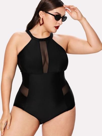 Mesh Panel High Neck Swimsuit -SheIn(Sheinside) High Neck Swimsuits, High Neck One Piece, Curvy Swimwear, Plus Size One Piece, Costume Intero, Plus Size Swimsuits, Sports Illustrated, Mesh Panel, Plus Size Swimwear