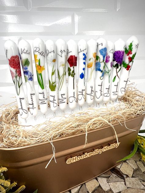 Birth Month Flower Crochet Hooks, Birthday Flower Hooks, Ergonomic Hooks, Hooked by Holtby, Crochet Hooks, Custom Hooks, Resin Hooks Birthday Flower, How To Wrap Flowers, Flower Crochet, Birth Month Flower, Month Flowers, Birthday Treats, Birth Month Flowers, Vibrant Flower, Birth Flower