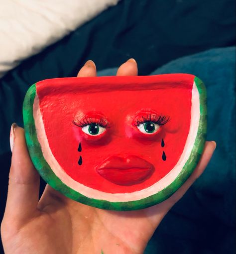 Painted clay tray watermelon crying with eyelashes Watermelon Clay, Easy Clay Ideas, Clay Watermelon, Clay Things To Make, Clay Tray, Clay Fruit, Ideas Ceramica, Clay Dish, Sculpture Art Clay