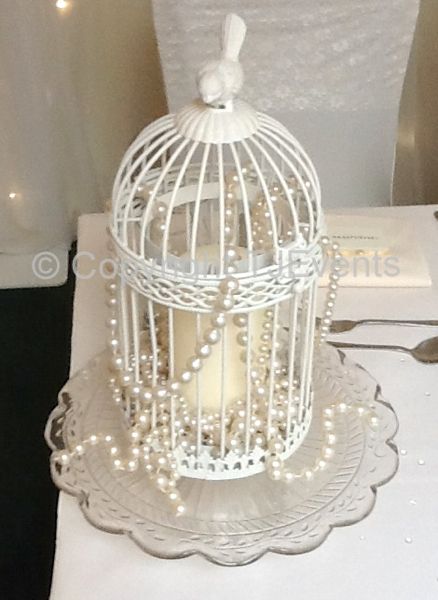 White Bird Cage Decor, Birdcage Fairy Lights, Birdcage Centrepiece Wedding, Bird Cage For Wedding Cards, Bird Cage Centerpiece, Bird Cage Candle Holder, Bird Cage Candle, Pearl Candle, Wedding Birds