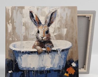 Bunny Wall Art, Art Rabbit, Rabbit Wall Art, Rabbit Painting, Retro Kunst, Rabbit Art, Bunny Print, Bath Wall Art, Art Kids