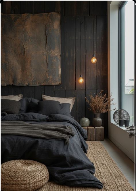 Earthy Tone Bedding, Charcoal Grey Bedding Ideas, Charcoal And Brown Bedroom, Charcoal Bedding Styling, Moody Gray Bedroom, Dark Gray Bedding Ideas, Charcoal Bedroom Walls, Charcoal Grey Bedroom Ideas, Grey And Wood Bedroom Ideas