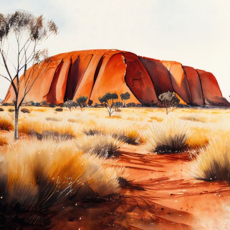 Uluru (Ayers Rock) in Australia watercolor painting Uluru Painting, Ayers Rock Australia, Rock Museum, Australia Landscape, Umberto Eco, Unorganized Idea, Ayers Rock, Australian Landscape, Painting Inspo