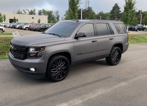 #averydennison #tahoe  Matte Metallic Charcoal #dropstarswheels #24s #blackout Tahoe Car, 2015 Tahoe, 2015 Chevy Tahoe, Lifted Suv, Chevy Tahoe Ltz, Tactical Vehicle, Cars Color, Truck Wrap, Chevy Girl