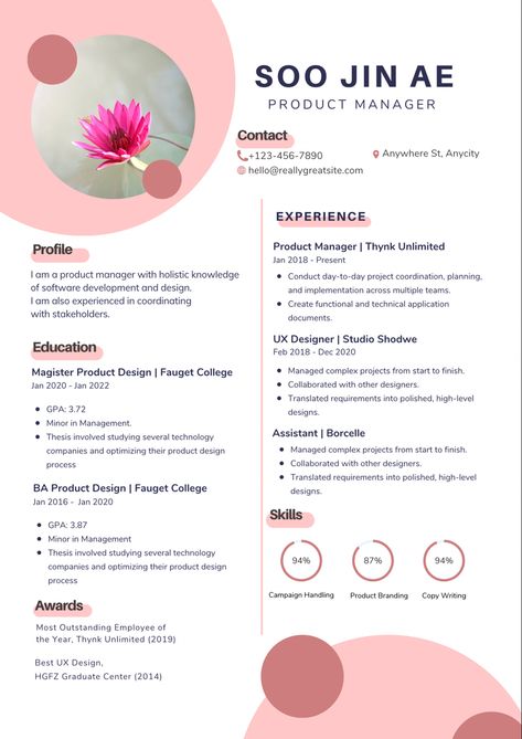 Template Canva By @mayankputri Free Cv Template, Job Resume Template, Product Manager, Soo Jin, Job Resume, Pink Pastel, Cv Template, Resume Template, Resume Templates