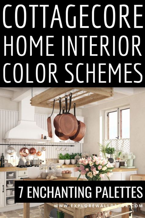 7 Enchanting Cottagecore Color Schemes - Explore Wall Decor Country Cottage Colour Scheme, Cottage Color Palette Interior, Cottage Kitchen Color Schemes, Cottage Paint Colors Interior, Cottage Core Living Rooms, Cottage Core House Interior, Cottagecore Kitchens, Cottage Core Modern, Elegant Dining Room Decor