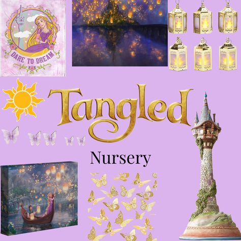 Classic Disney Nursery Ideas, Maeve Nursery, Rapunzel Nursery, Disney Princess Nursery Theme, Tangled Nursery, Disney Nursery Girl, Princess Nursery Theme, Disney Dollhouse, Rapunzel Theme