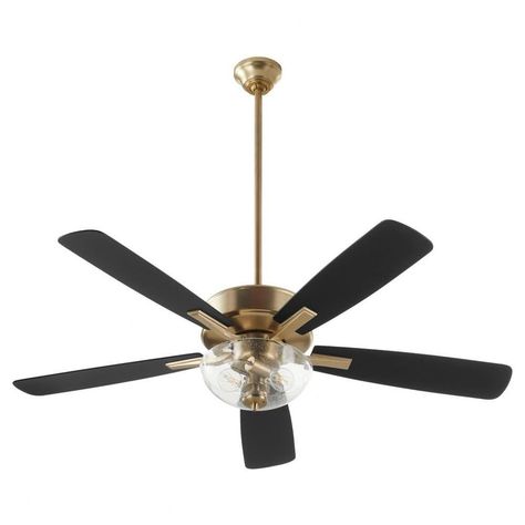 PRICES MAY VARY. Finish: Aged Brass Lamp Type: LED The Ovation series is an essential ceiling fan featuring slightly curved blades and modest housing. With multiple control types, it will effortlessly provide cooling comfort to your home. 52 Inch Sweep x 17.5 Inches High Using 4 Inch Downrod / 2 - 9 Watt / Medium Base Bulbs Included / 3000k / 1600 Lumens / 80CRI / Dry Listed. Transitional Ceiling Fan, Gold Ceiling Fan, Quorum Lighting, 52 Inch Ceiling Fan, Best Ceiling Fans, Black Ceiling Fan, Spec Sheet, Living Room Ceiling, Seeded Glass