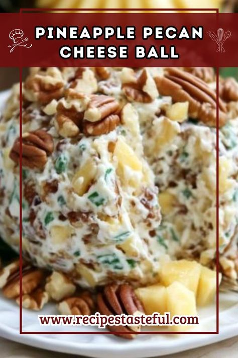 This Pineapple Pecan Cheese Ball is a delightful blend of creamy, tangy, and crunchy flavors. Perfect for gatherings, it features smooth cream cheese mixed with crushed pineapple, green peppers, and pecans, creating a deliciously unique appetizer that pairs wonderfully with assorted crackers. Cheese All With Pineapple, Pineapple Cheeseball Easy, Pineapple Pecan Cheeseball, Pineapple Cream Cheese Ball Recipe, Pineapple Cream Cheese Ball, Pineapple Cheeseball Recipes, Pineapple Cheeseball, Pineapple Cheese Ball, Cream Cheese Balls Recipe