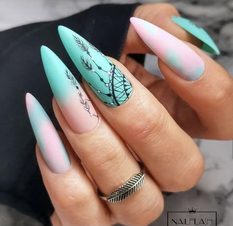 Dreamcatcher Nails, Nail Ideas Christmas, Nail Designs Almond, Almond Nail Ideas, Almond Nail Designs, Nail Designs Bling, Nails Ballerina, New Nail Art Design, Velvet Nails