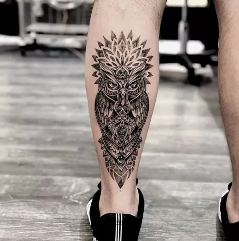 Geometric Animal Tattoo Sleeve, Geometric Owl Tattoo Design For Men, Owl Calf Tattoo Men, Tattoo For Leg For Men, Small Calf Tattoo Men, Geometric Animal Tattoo Design, Owl Tattoo Leg, Legs Tattoo Men Ideas Design, Men’s Tatoos