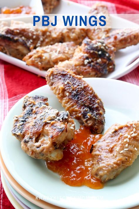 Pbj Wings, Peanut Butter And Jelly Wings Recipe, Spicy Peanut Butter, Cooking Chicken Wings, Grilled Wings, Grilled Chicken Wings, Peanut Butter Sauce, Crazy Mom, Spicy Peanuts